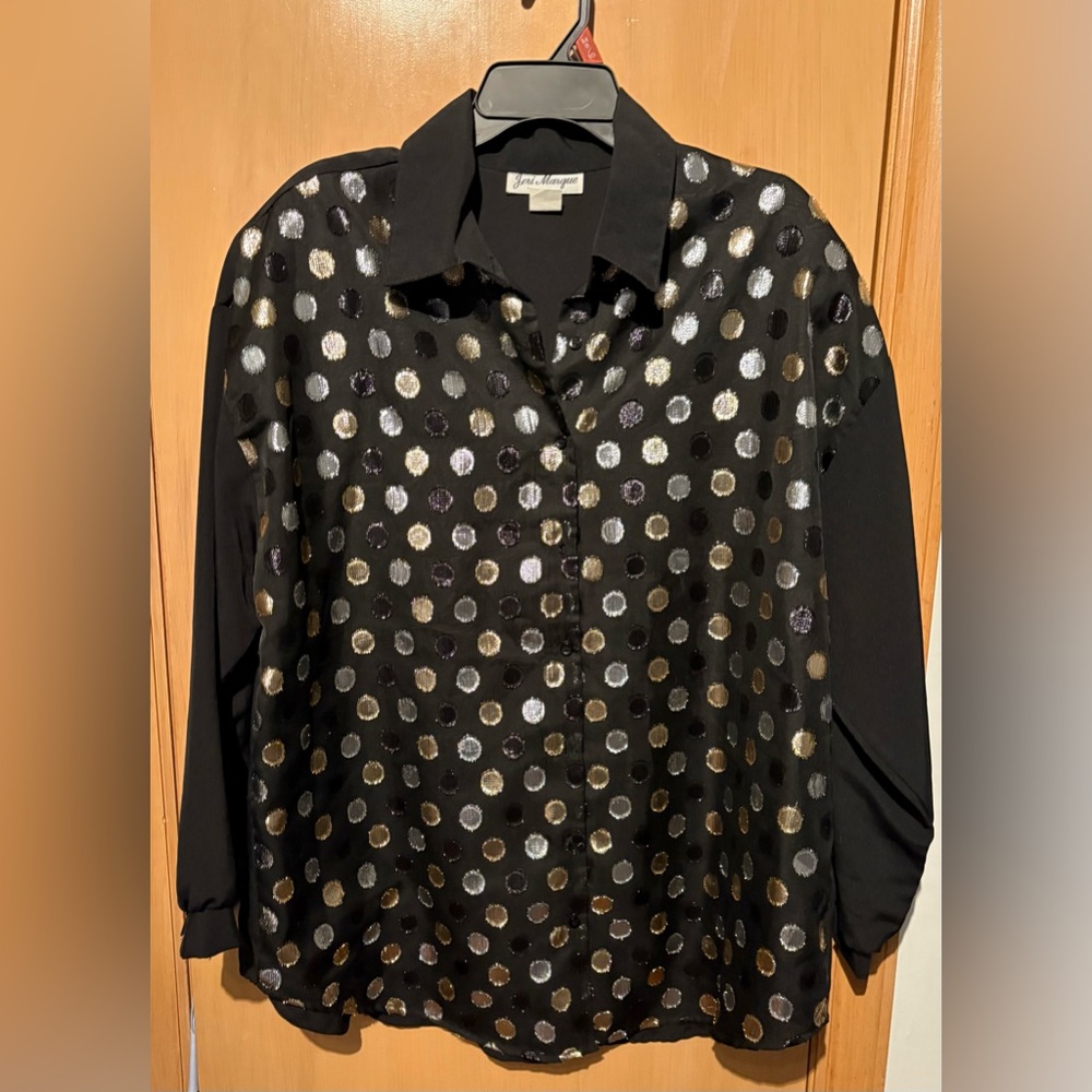 Vintage Jeri Margene Black Blouse w/ Gold and Silver Polka Dots Women’s Size 20